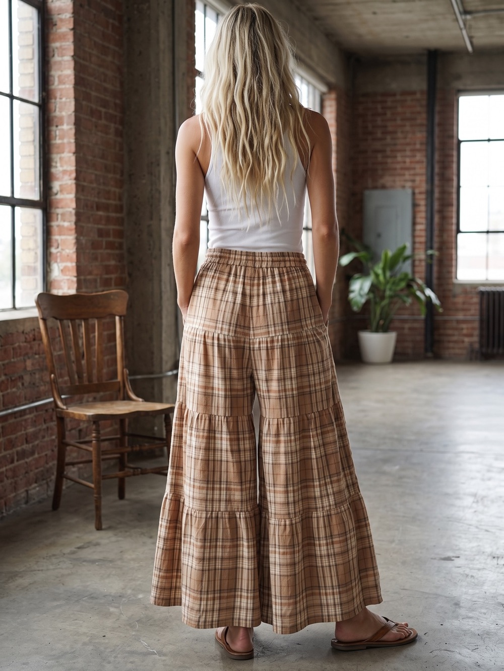 NWT Plaid 90s Wide Leg Tiered Boho Pants Drawstring Waist Tan - Picture 5 of 6